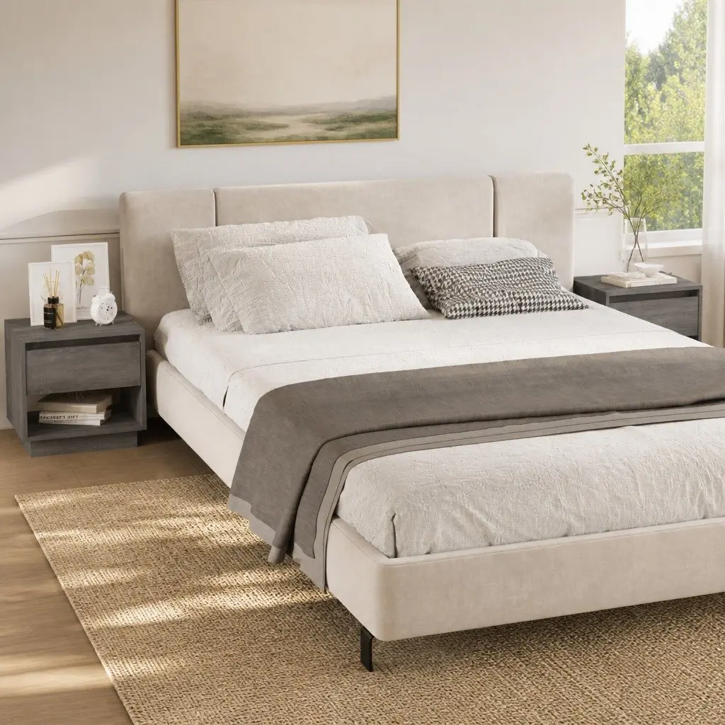 2 Piece Set Nightstand Cabinet Storage Drawer Compartment Grey Sonoma for Bedroom