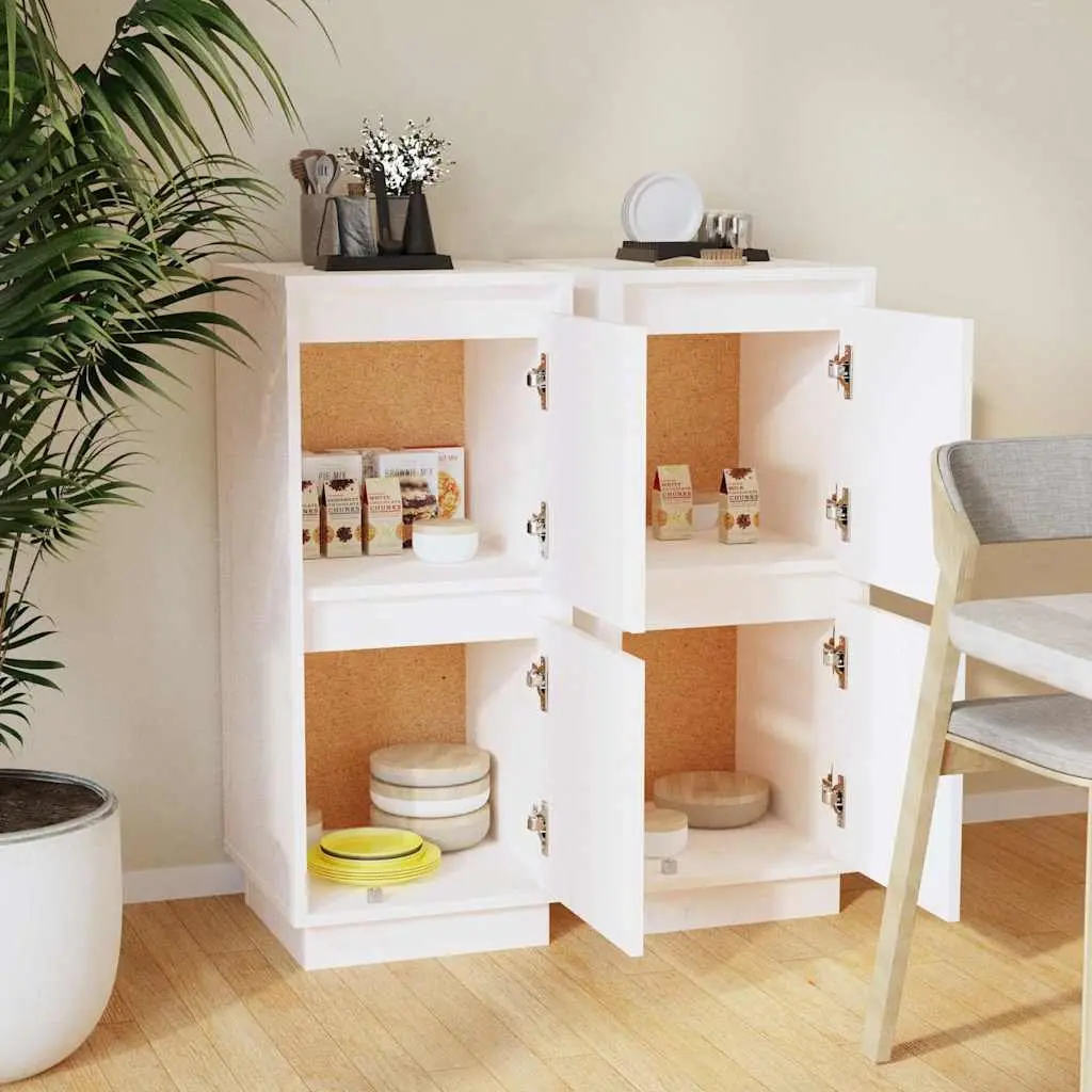 Sideboard Cabinet Set 2 pcs White Solid Wood Storage Buffet Cupboard Furniture