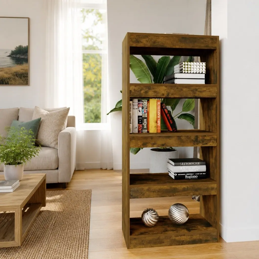 Book Cabinet Room Divider Smoked Oak Engineered Wood Bookshelf 60W x 30D x 135H cm