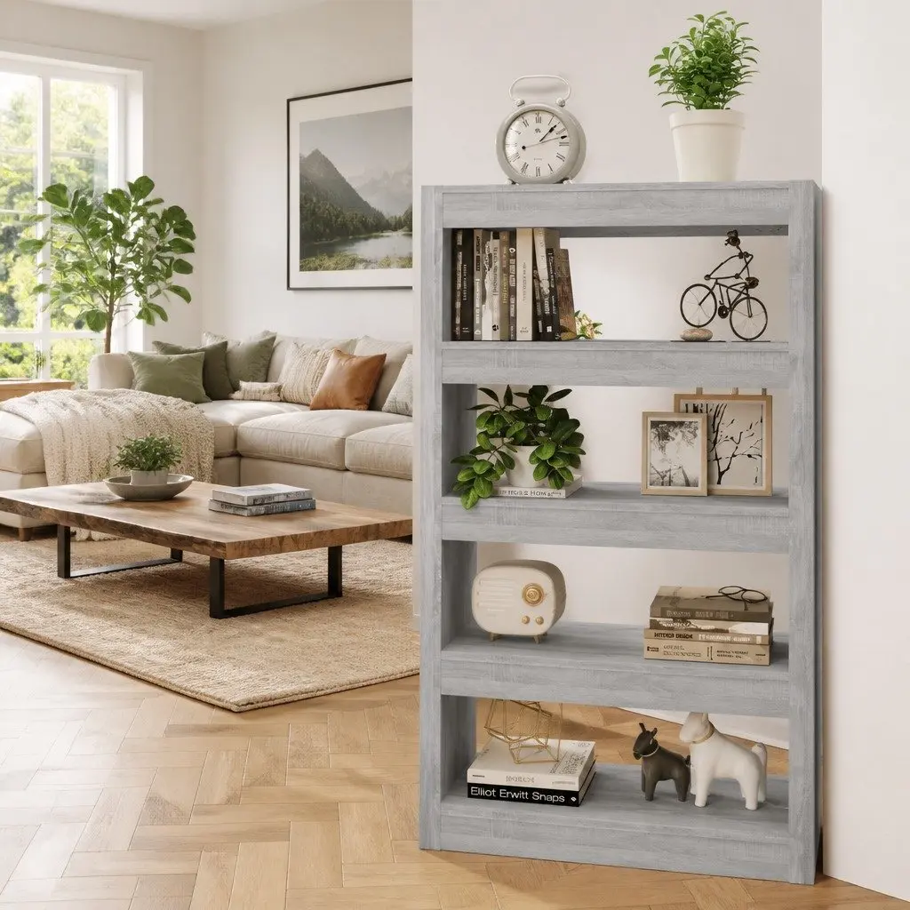 Wooden Storage Bookcase Room Divider Grey 80x30x135cm Shelving Unit