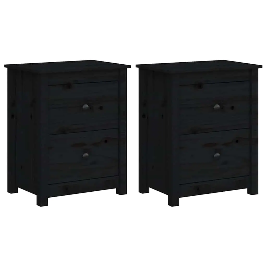 Bedside Cabinet Set for Bedroom Black Solid Wood Pine Nightstand with Drawer Storage 50 x 35 x 61.5 cm