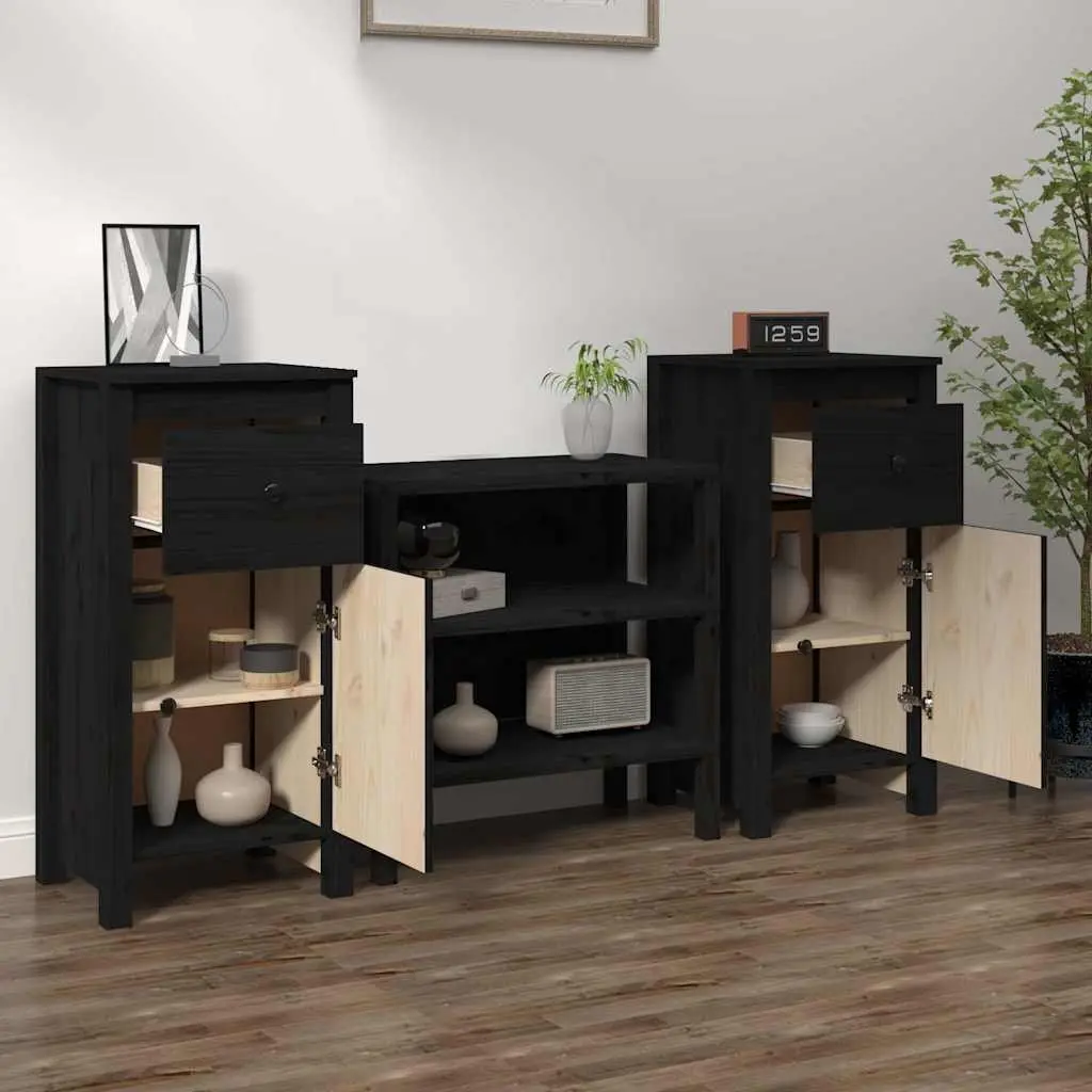 Solid Wood Pine Sideboards Living Room Black 40cm W x 35cm D x 80cm H Set of 2