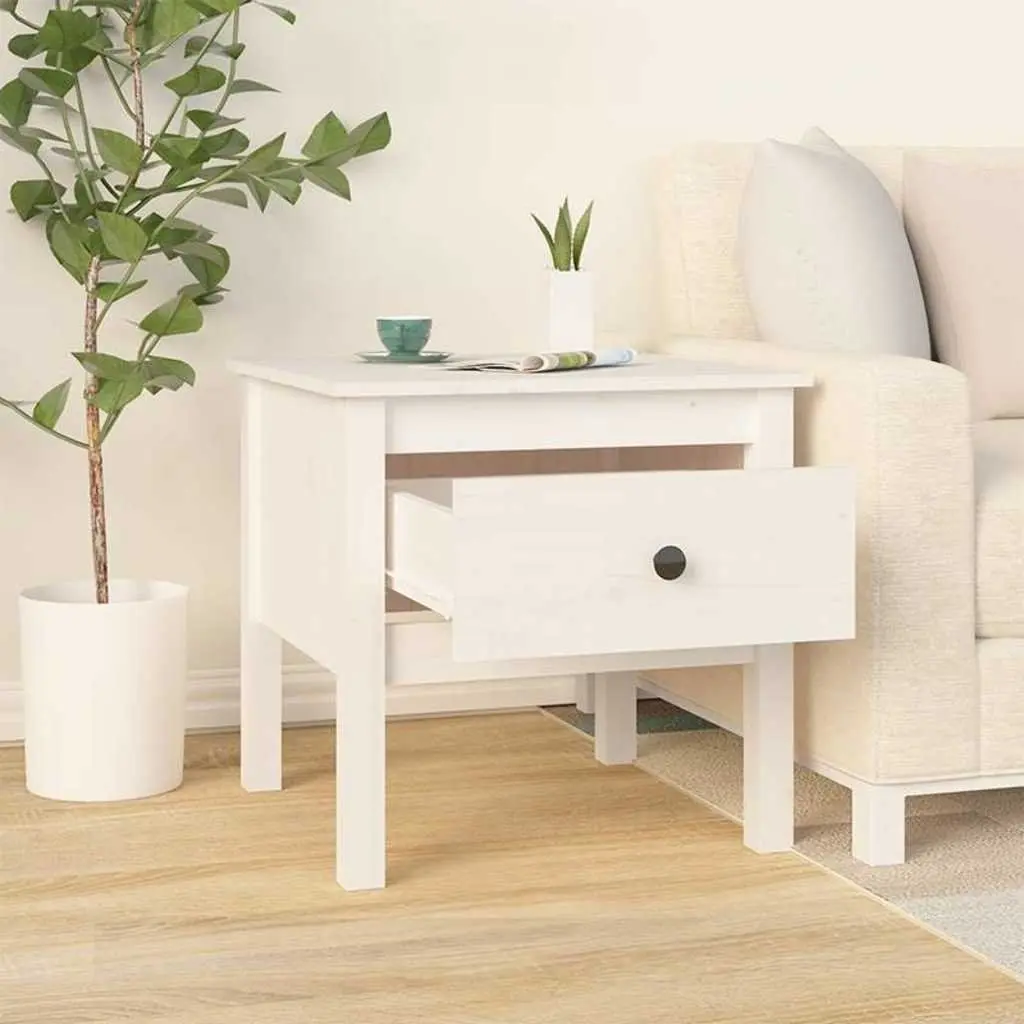 Side Table White 50x50x49 cm Solid Pine Wood Drawer Storage End Table Living