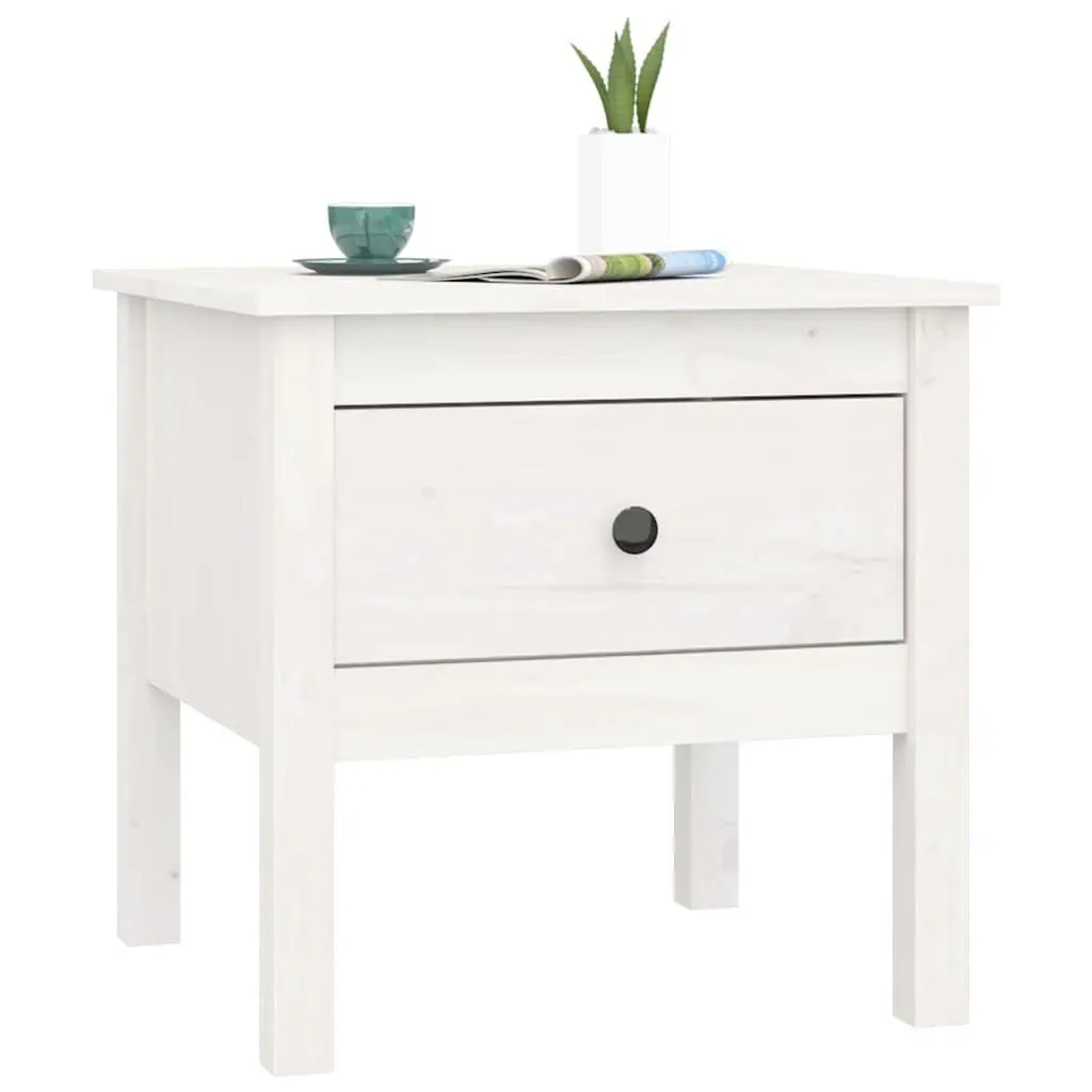 Side Table White 50x50x49 cm Solid Pine Wood Drawer Storage End Table Living