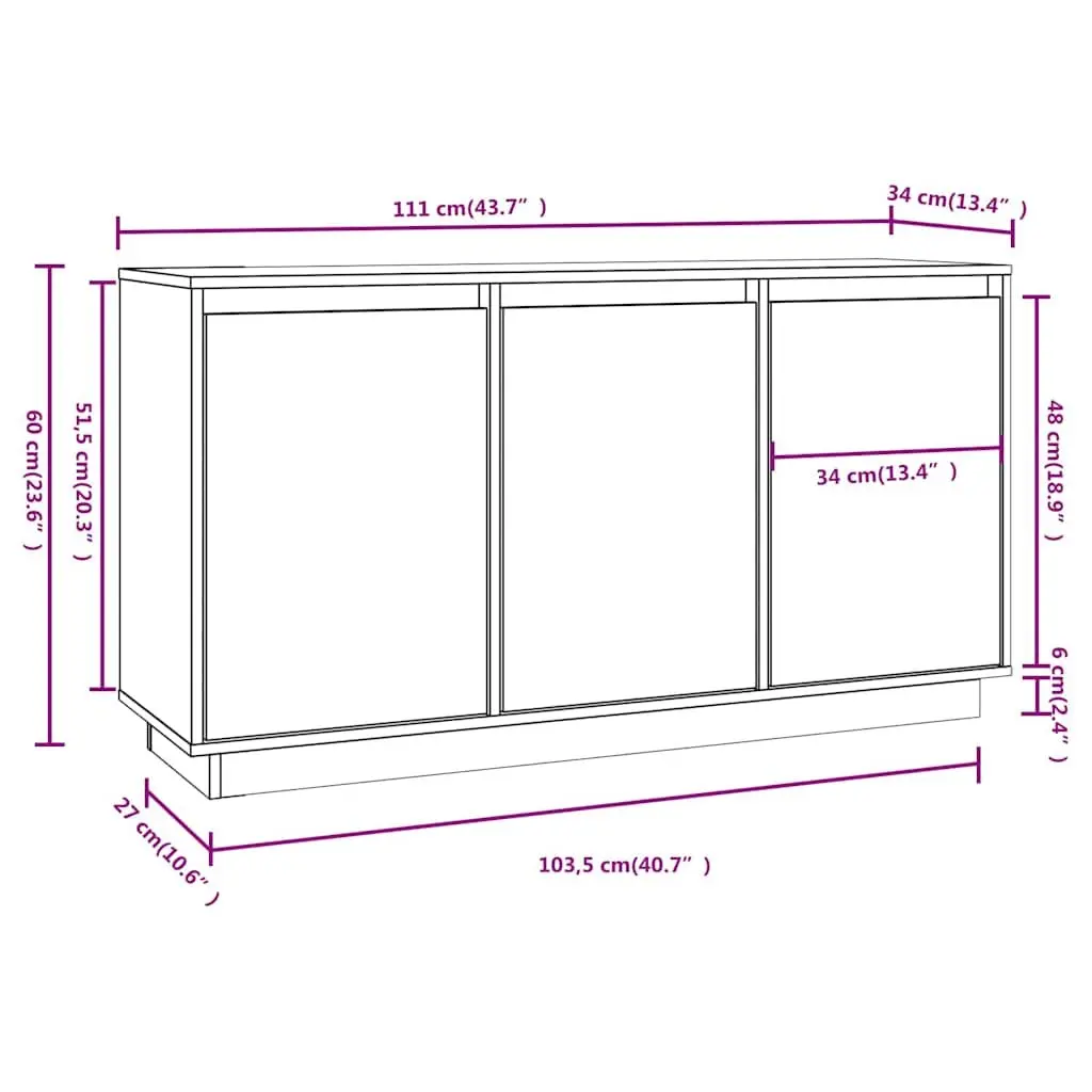 Storage Sideboard 111 cm Wide, Brown Solid Wood Pine