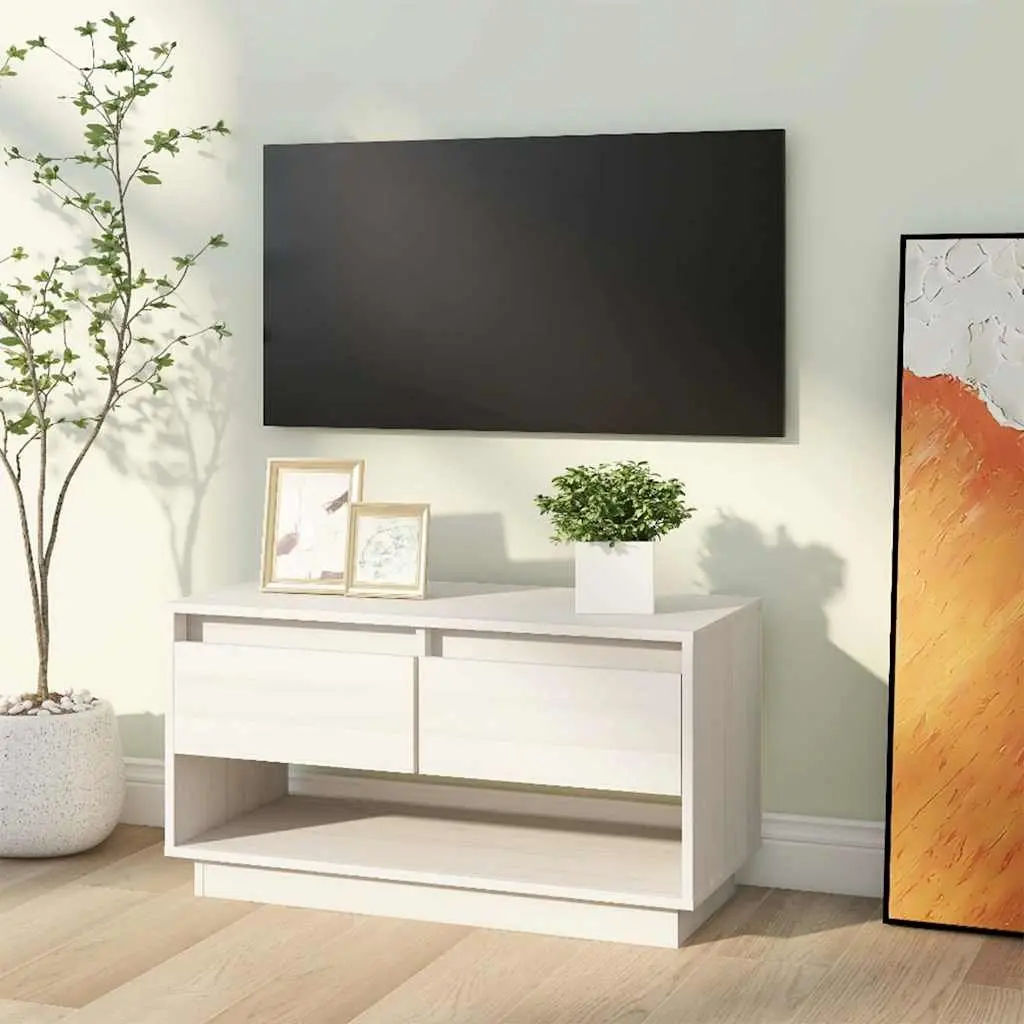 TV Cabinet for Living Room White Solid Wood Pine 74x34x40 cm Wooden Storage Unit with Drawers