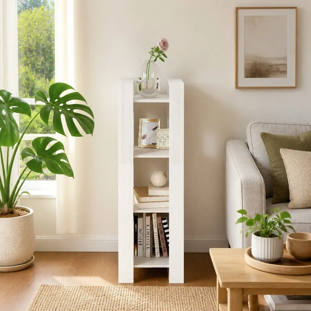 Wooden Book Cabinet Room Divider White Solid Pine Wood Shelving Storage Unit 41 x 35 x 125 cm