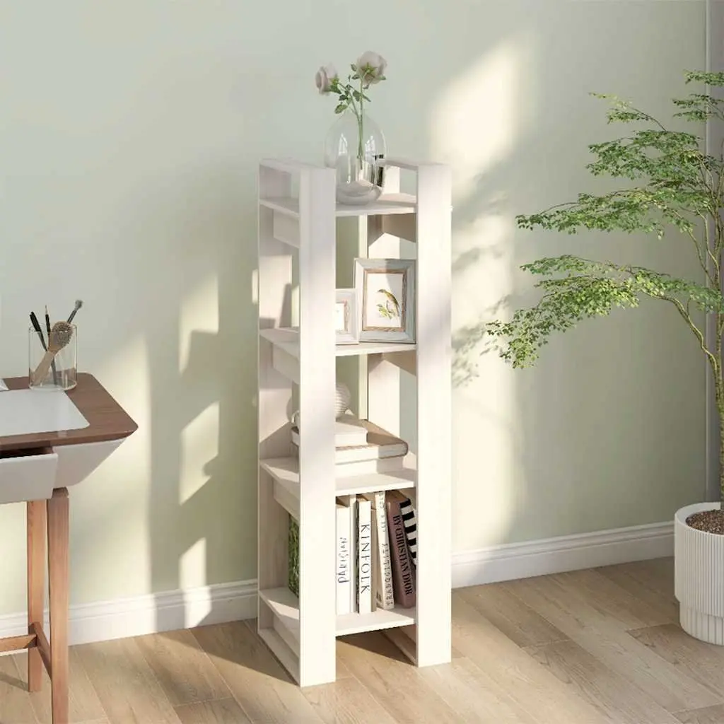 Wooden Book Cabinet Room Divider White Solid Pine Wood Shelving Storage Unit 41 x 35 x 125 cm