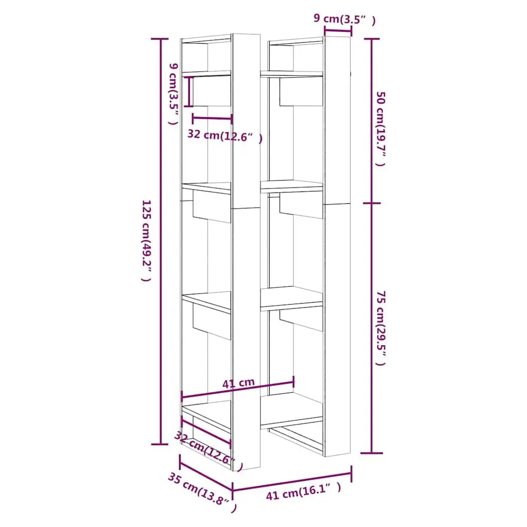 Wooden Book Cabinet Room Divider White Solid Pine Wood Shelving Storage Unit 41 x 35 x 125 cm