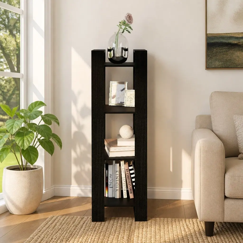 Black Solid Pine Wood Bookcase Storage Unit Room Divider 41x35x125cm