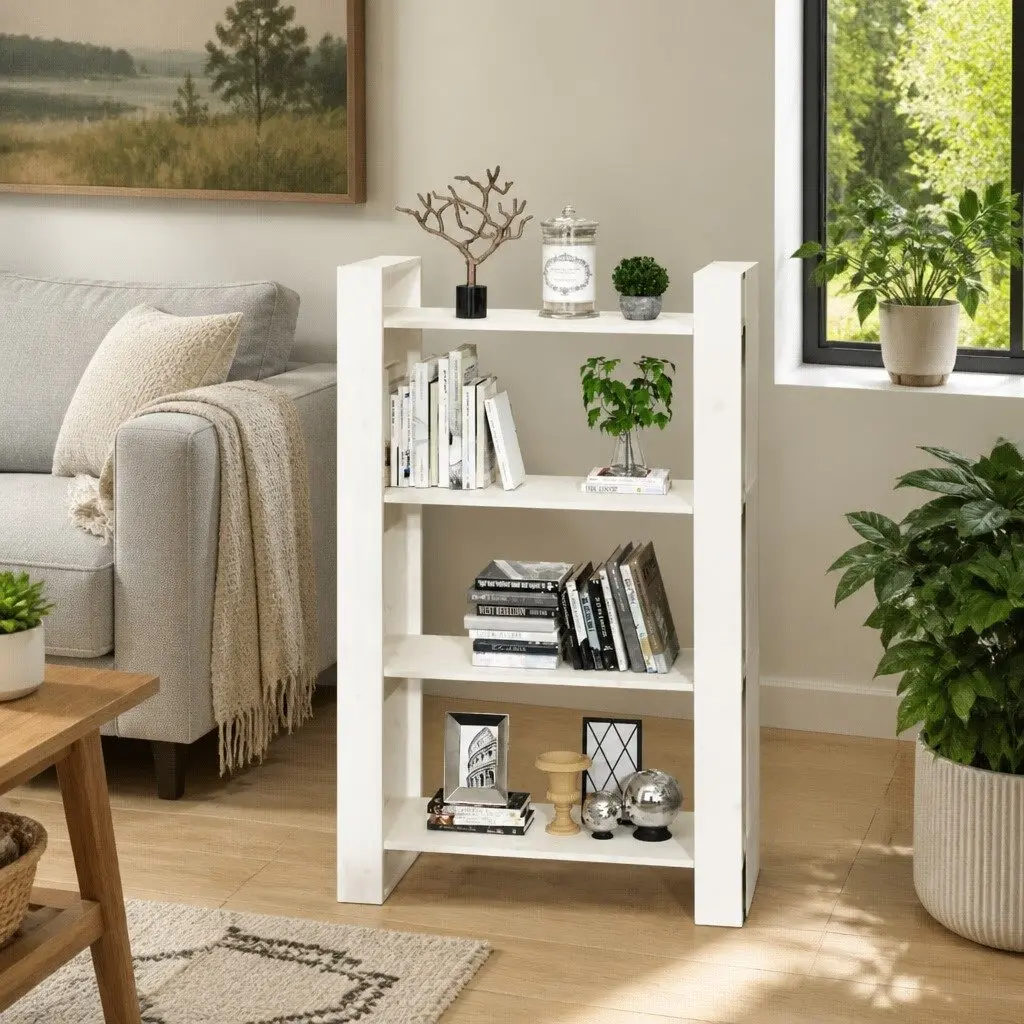 Pine Wood Room Divider Book Cabinet White 80x35x125cm Storage Unit