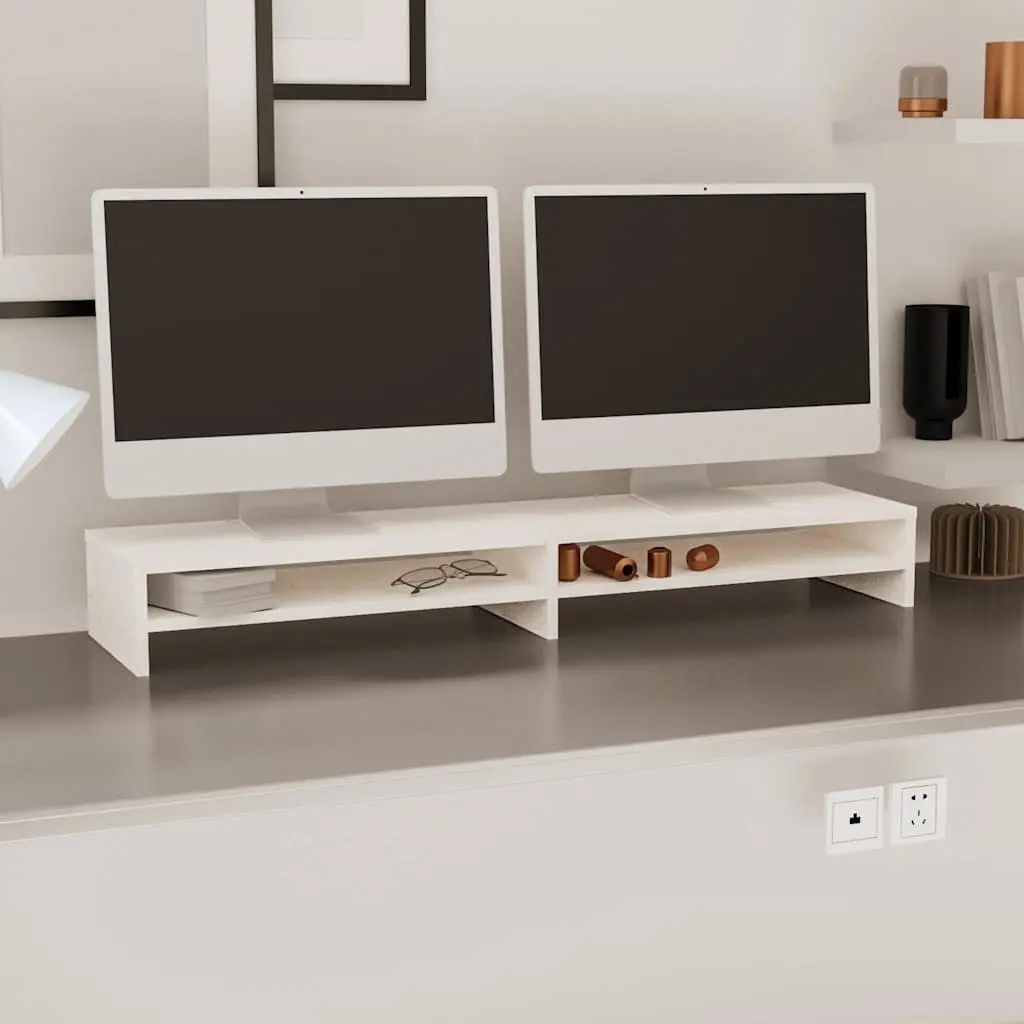 Monitor Stand White Solid Wood Pine Desk Riser Storage Shelves 100x24x13cm