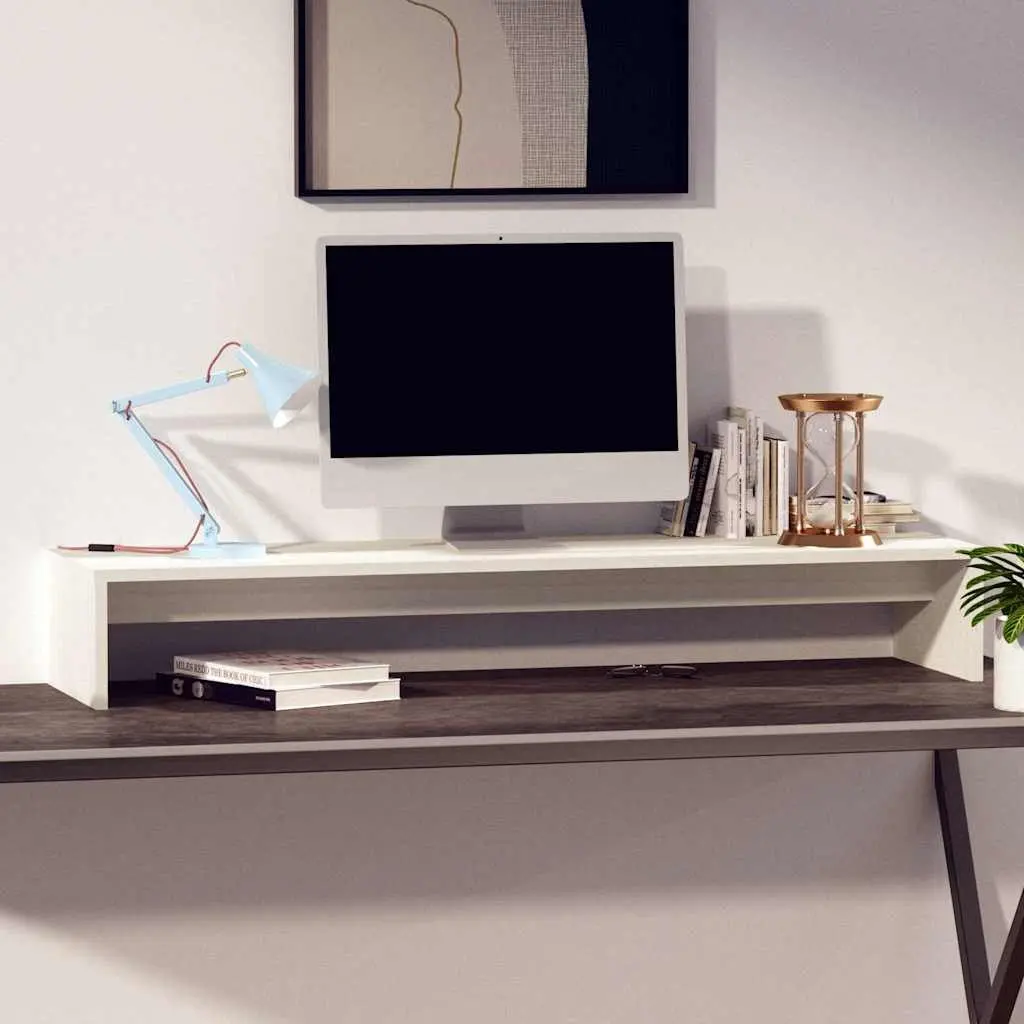 Monitor Stand White 100x27x15 cm Solid Pine Wood Desktop Riser Desk Organizer
