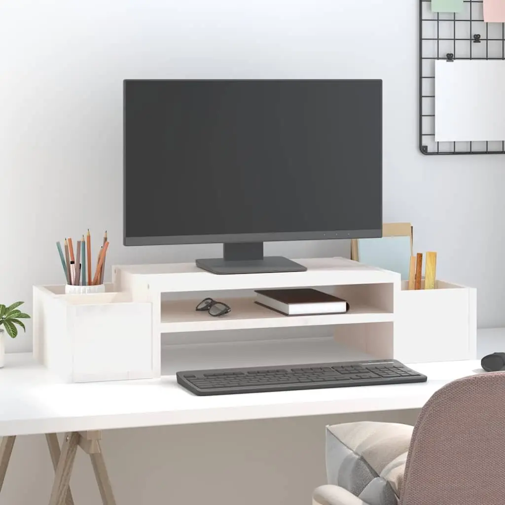 Monitor Stand White 70x27.5x15 cm Solid Pine Wood Computer Riser with Storage