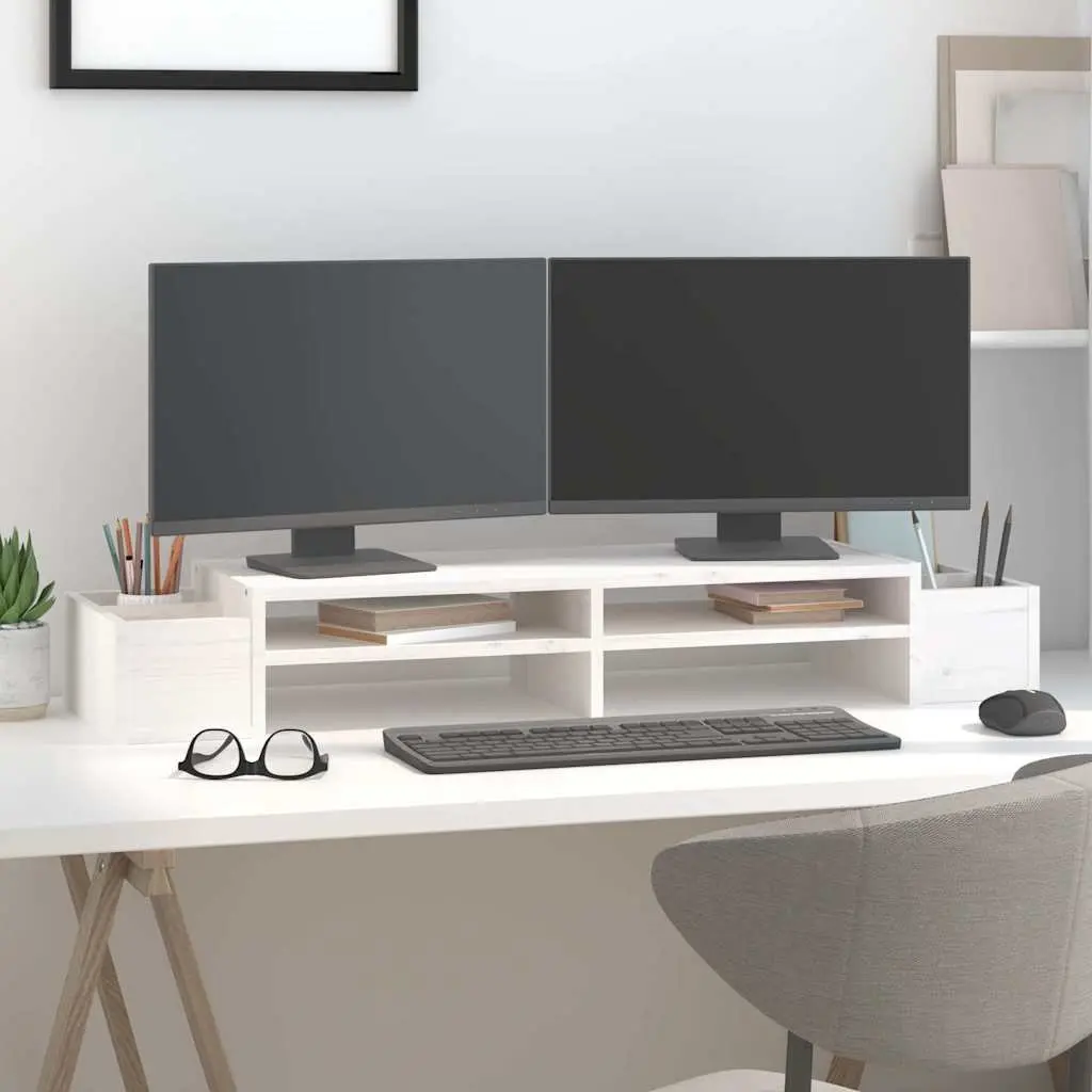Monitor Stand White 100x27.5x15 cm Solid Pine Wood Computer Riser with Storage