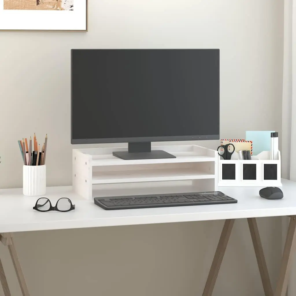 Monitor Stand White 50x24x16 cm Solid Wood Pine Computer Riser Storage Desk