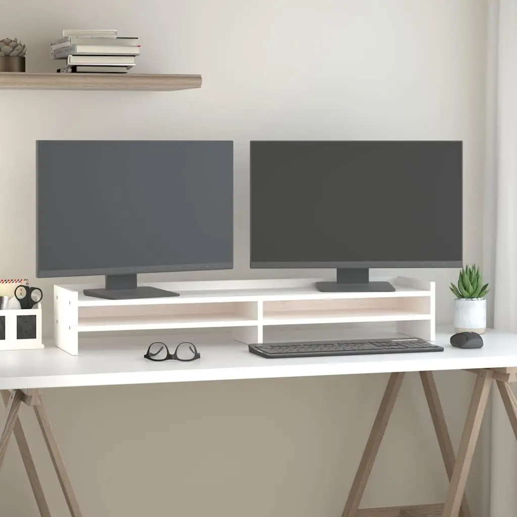 White Monitor Stand 100x24x16cm Solid Pine Wood Desktop Riser for Computer and Keyboard with Storage Space