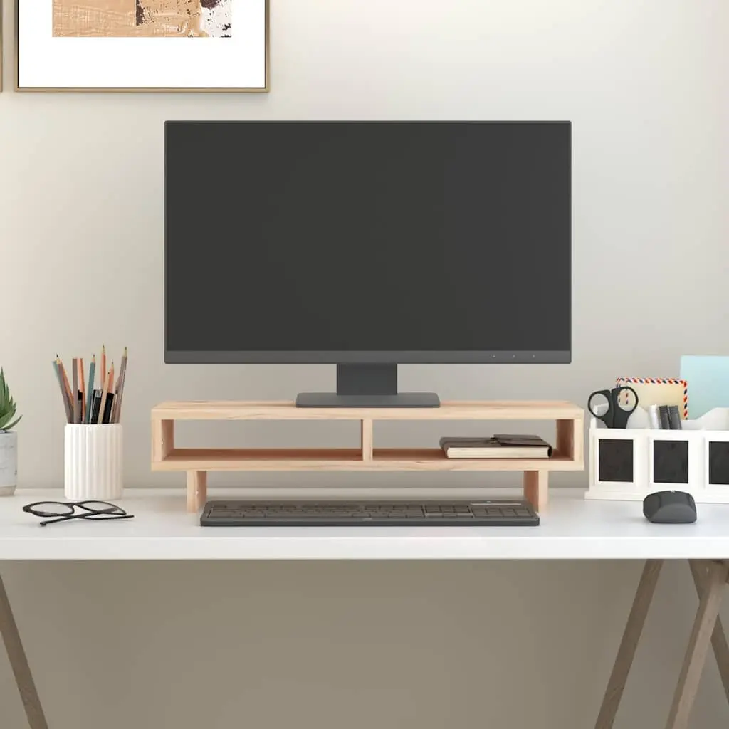 Monitor Stand 60x27x14cm Solid Pine Wood Brown Desktop Riser with Storage Space