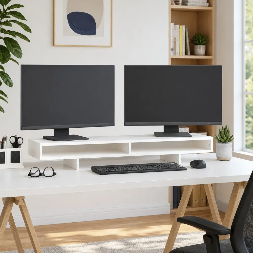 Monitor Stand White Solid Wood Pine Computer Riser Desk Organizer Storage 100cm