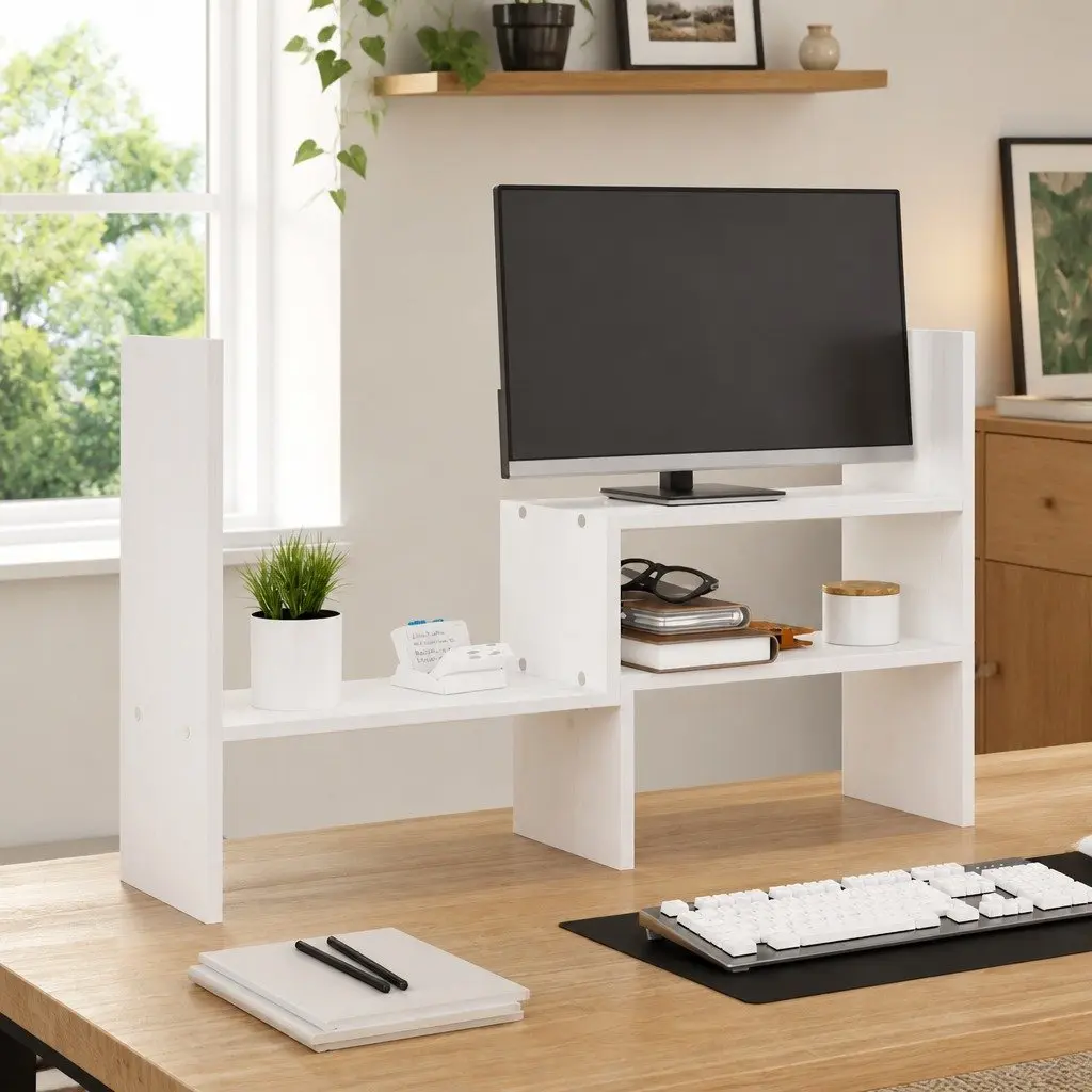 Monitor Stand White Adjustable Solid Wood Pine Computer Riser Desk Organiser