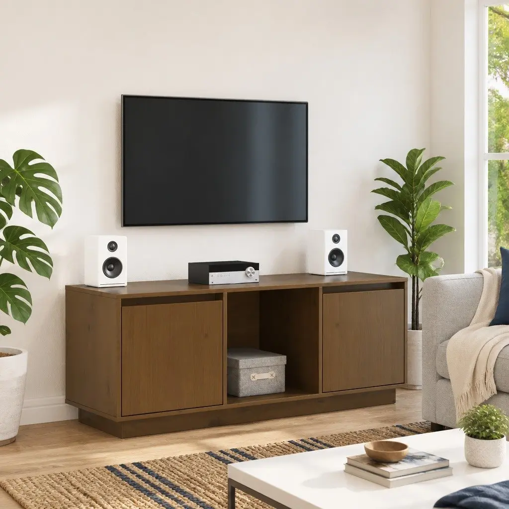 TV Cabinet Living Room Honey Brown Solid Pine Wood Media Storage Unit