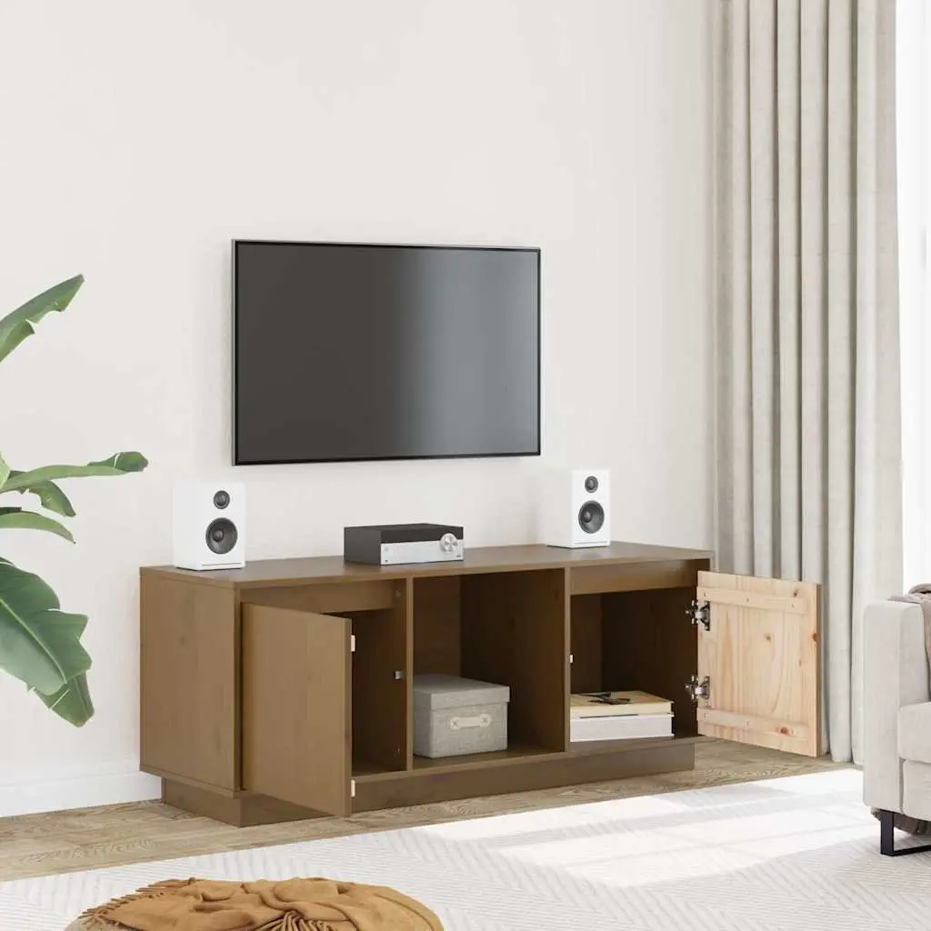 TV Cabinet Living Room Honey Brown Solid Pine Wood Media Storage Unit