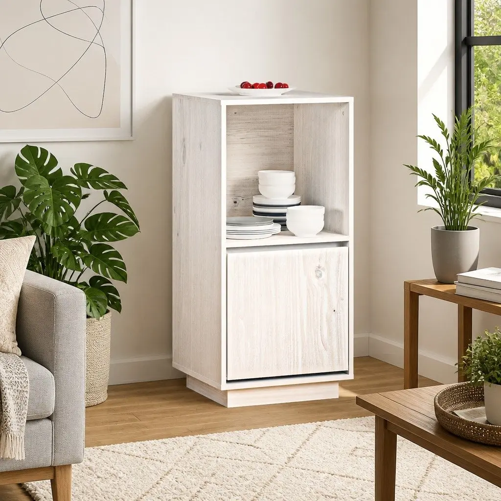 Sideboard Cabinet Living Room Solid Pine Wood White Modern Style 38 x 35 x 80 cm