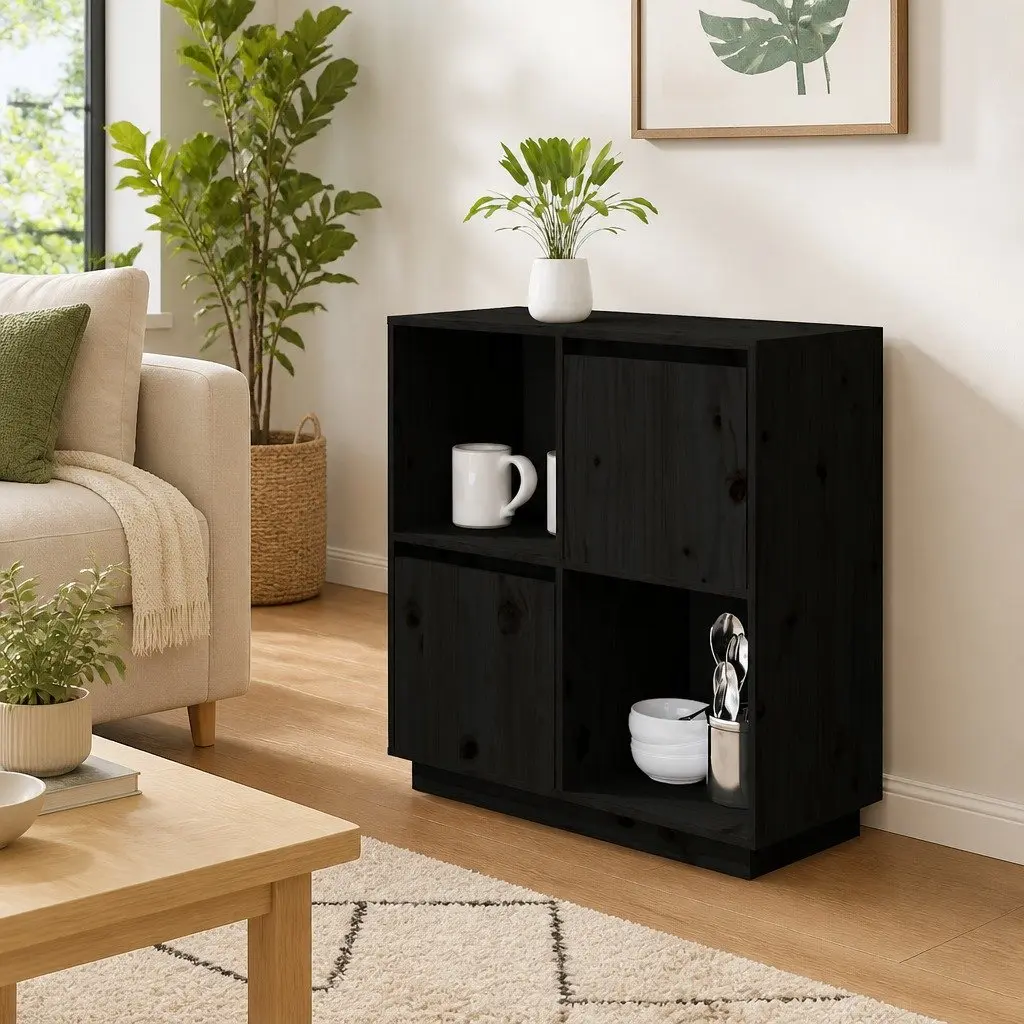 Sideboard Black for Room 74x35x80 cm Solid Wood Pine 2 Doors Compartments
