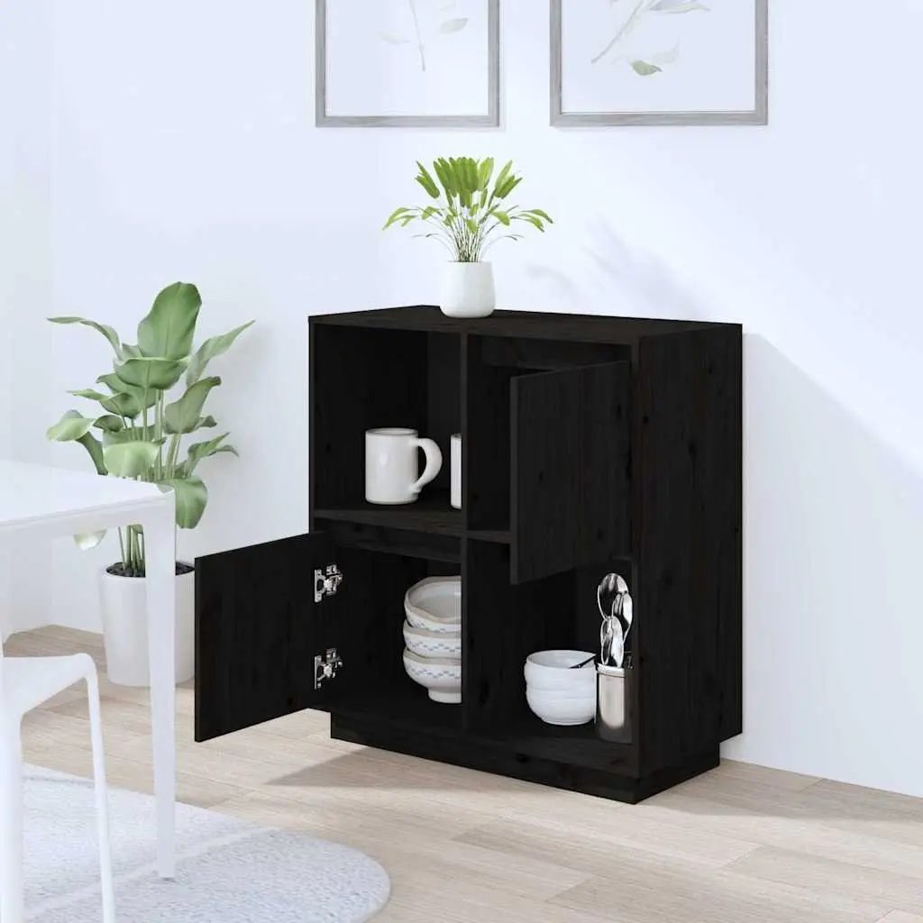 Sideboard Black for Room 74x35x80 cm Solid Wood Pine 2 Doors Compartments