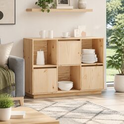 Sideboard 110.5x35x80cm Solid Pine Wood Storage Cabinet with 3 Doors Open