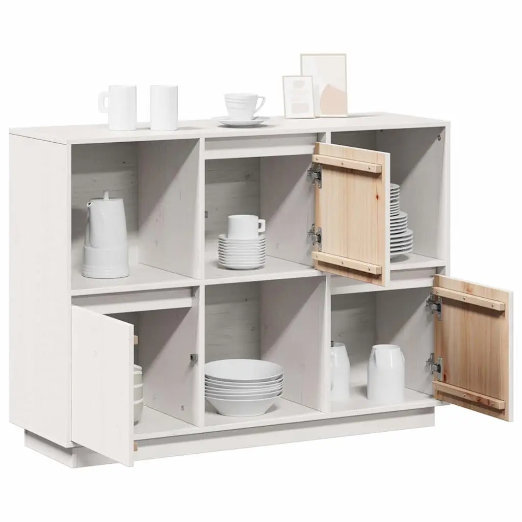 White Sideboard 110.5x35x80cm Solid Pine Wood Cabinet 3 Doors Storage Furniture