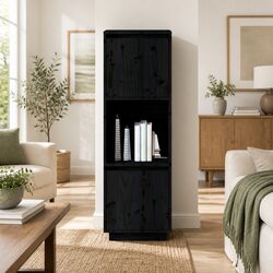 Highboard Cabinet Black Solid Wood Pine Storage Sideboard with Doors Compartment