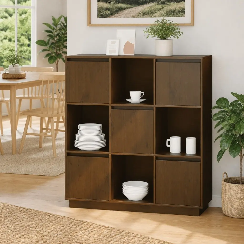 Highboard Storage Cabinet for Home 5 Door Brown Solid Pine Wood