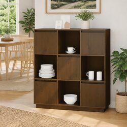 5-Door Highboard Cabinet in Solid Pine Wood, 110.5x35x117 cm