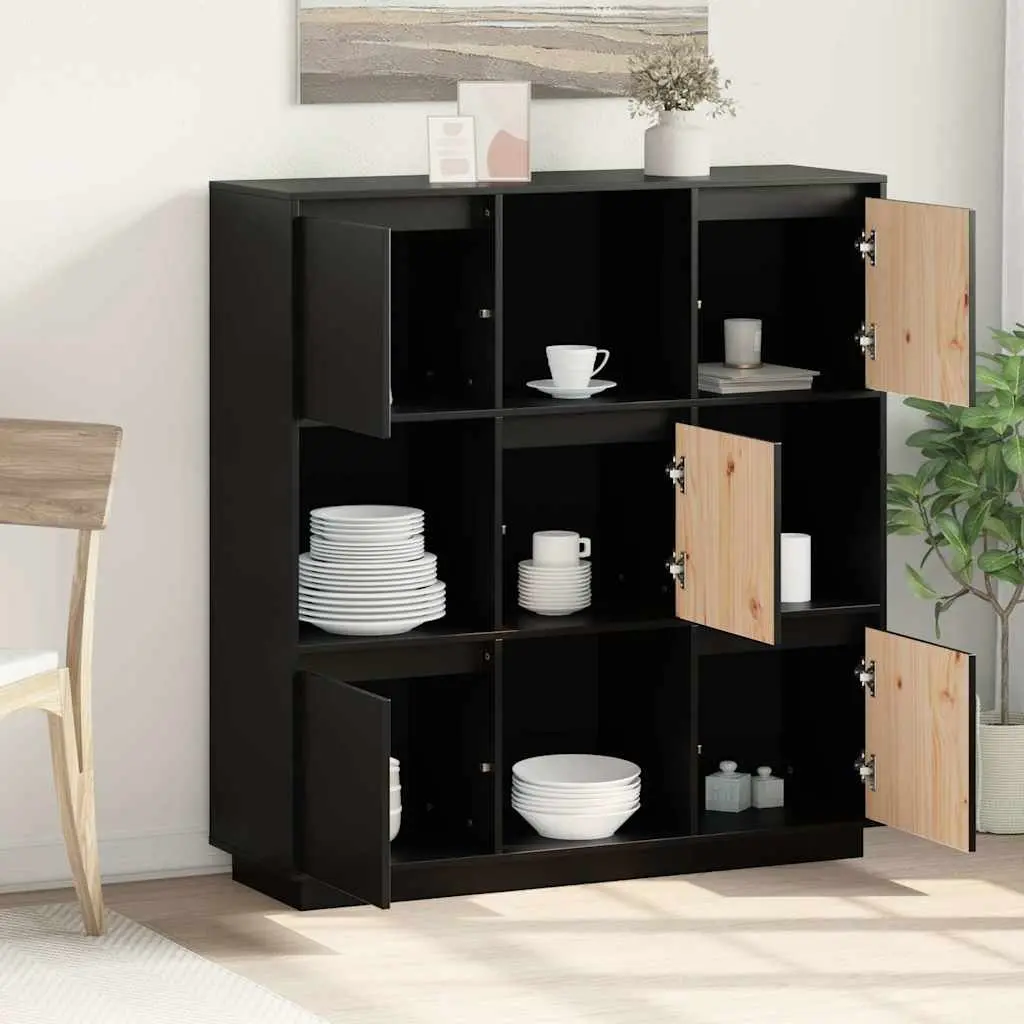 Black Highboard Storage Cabinet 5 Doors Solid Wood 110.5x35x117 cm for Home Use
