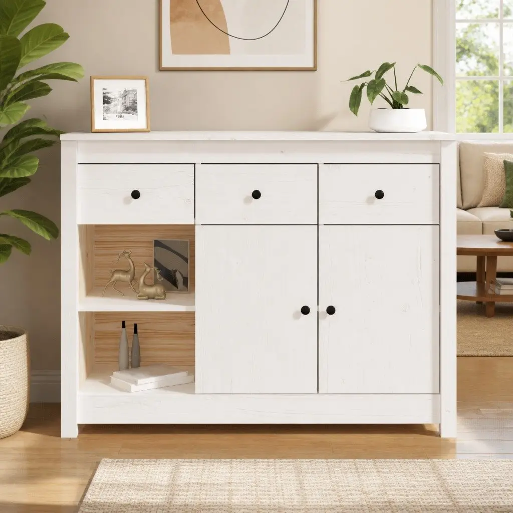 Wooden Sideboard Storage Cabinet 3 Drawers 6 Compartments Living Room White