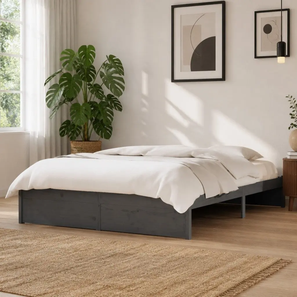 Solid Wood Bed Frame Grey 135x190 cm with Slatted Base
