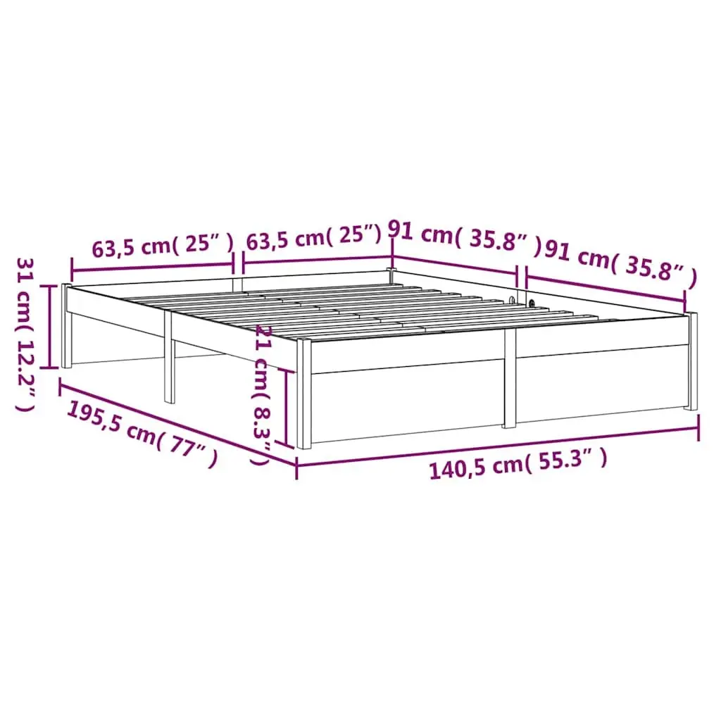 Solid Wood Bed Frame Grey 135x190 cm with Slatted Base