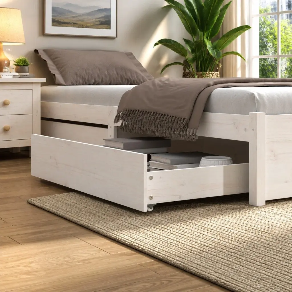 Under Bed Storage Drawers 2 pcs White Solid Pine Wood with Wheels