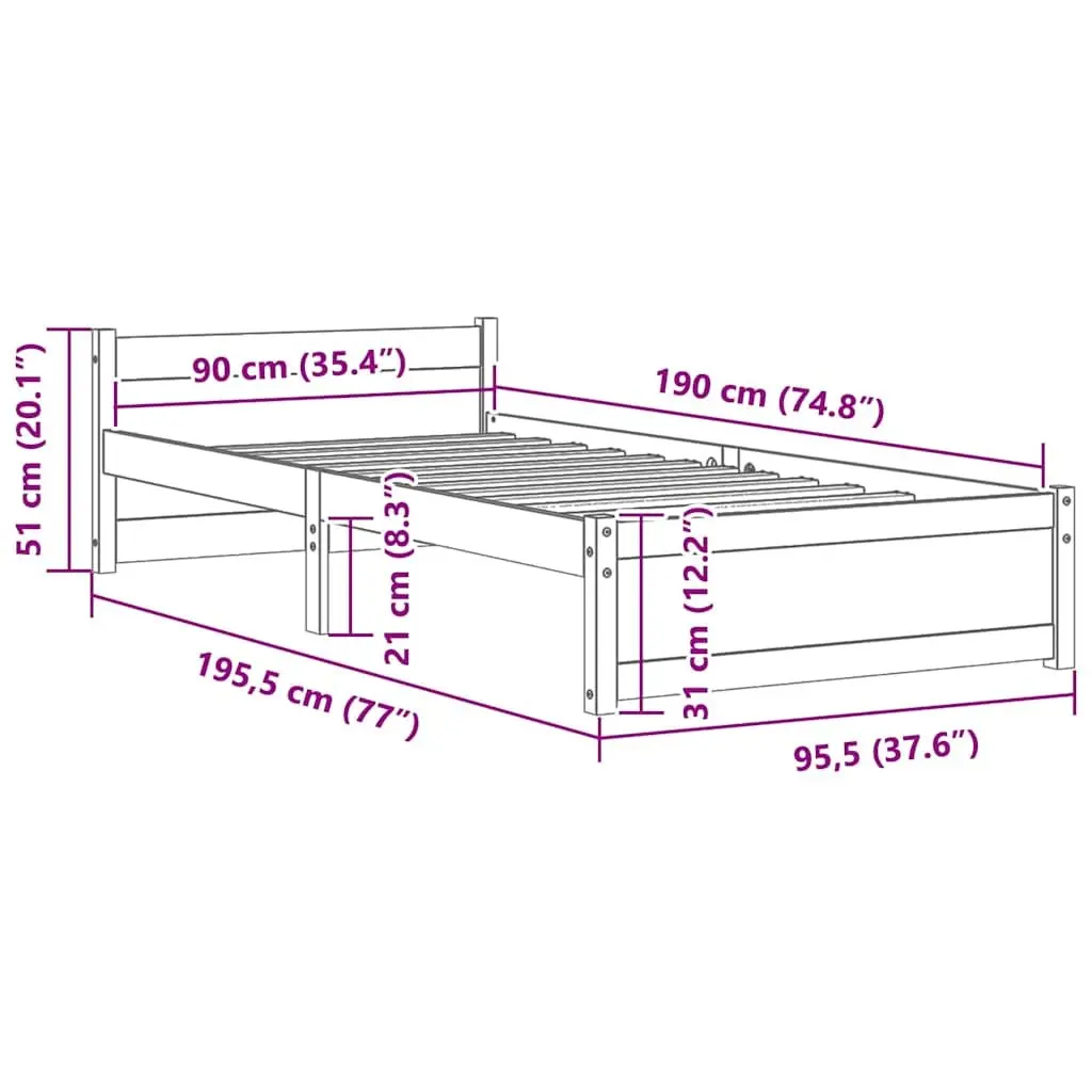 White Solid Wood Bed Frame Single 90x190cm