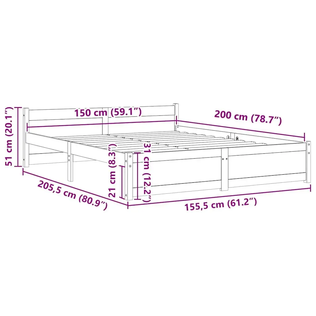 Wooden Bed Frame Bedroom 150x200 cm White Solid Pine Wood Slatted Base