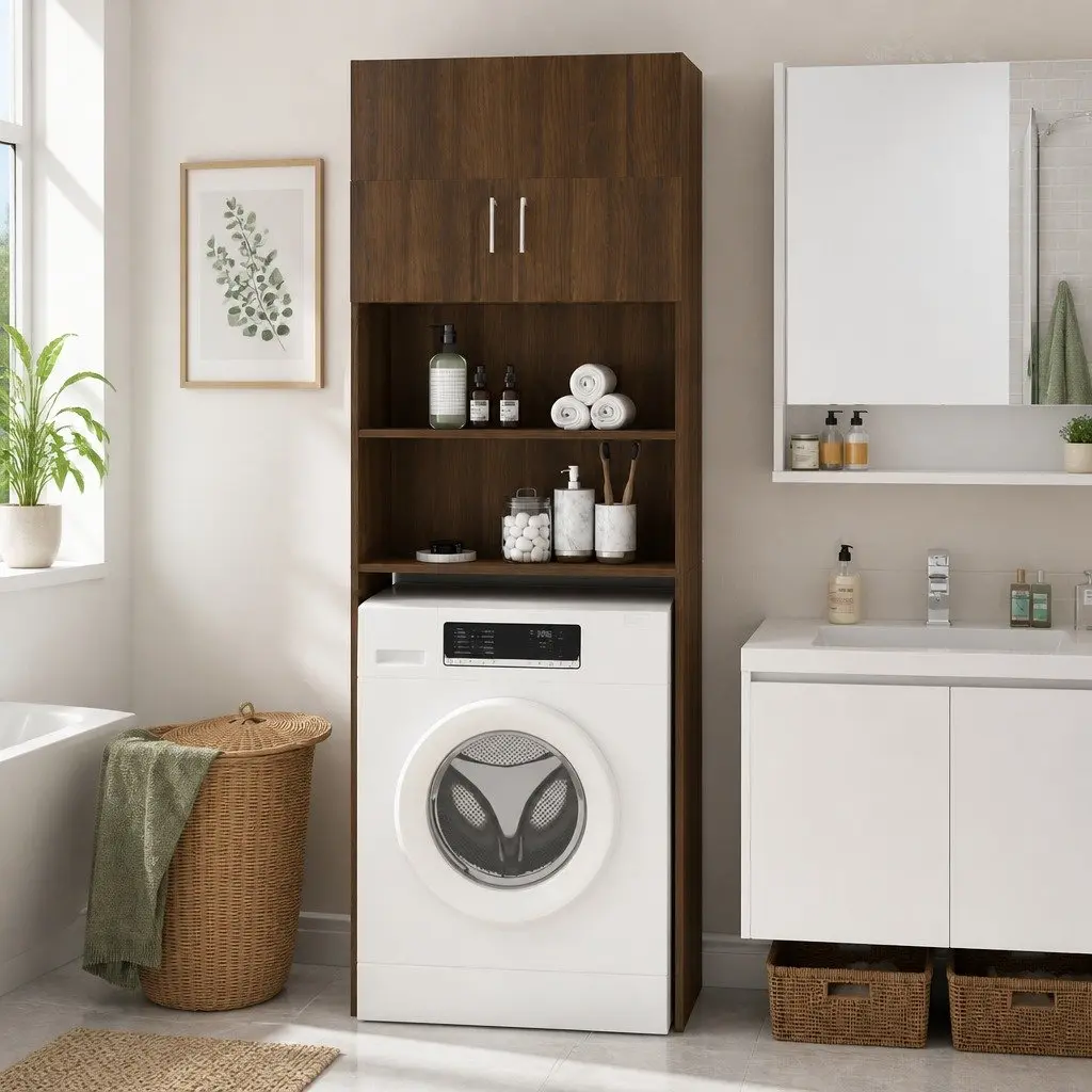 Washing Machine Cabinet Brown Oak Storage Bathroom Laundry Organizer