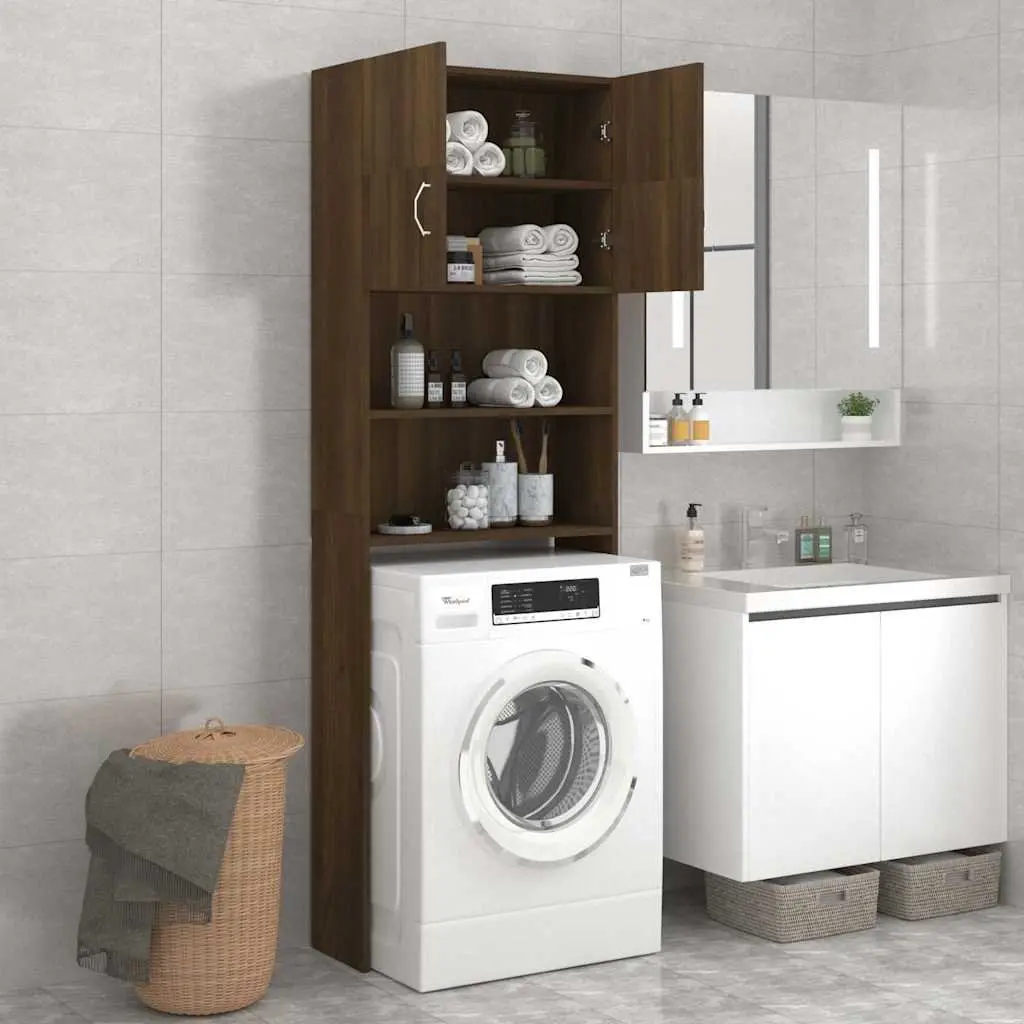 Washing Machine Cabinet Bathroom Laundry Organizer Brown Oak 64 x 25.5 x 190 cm