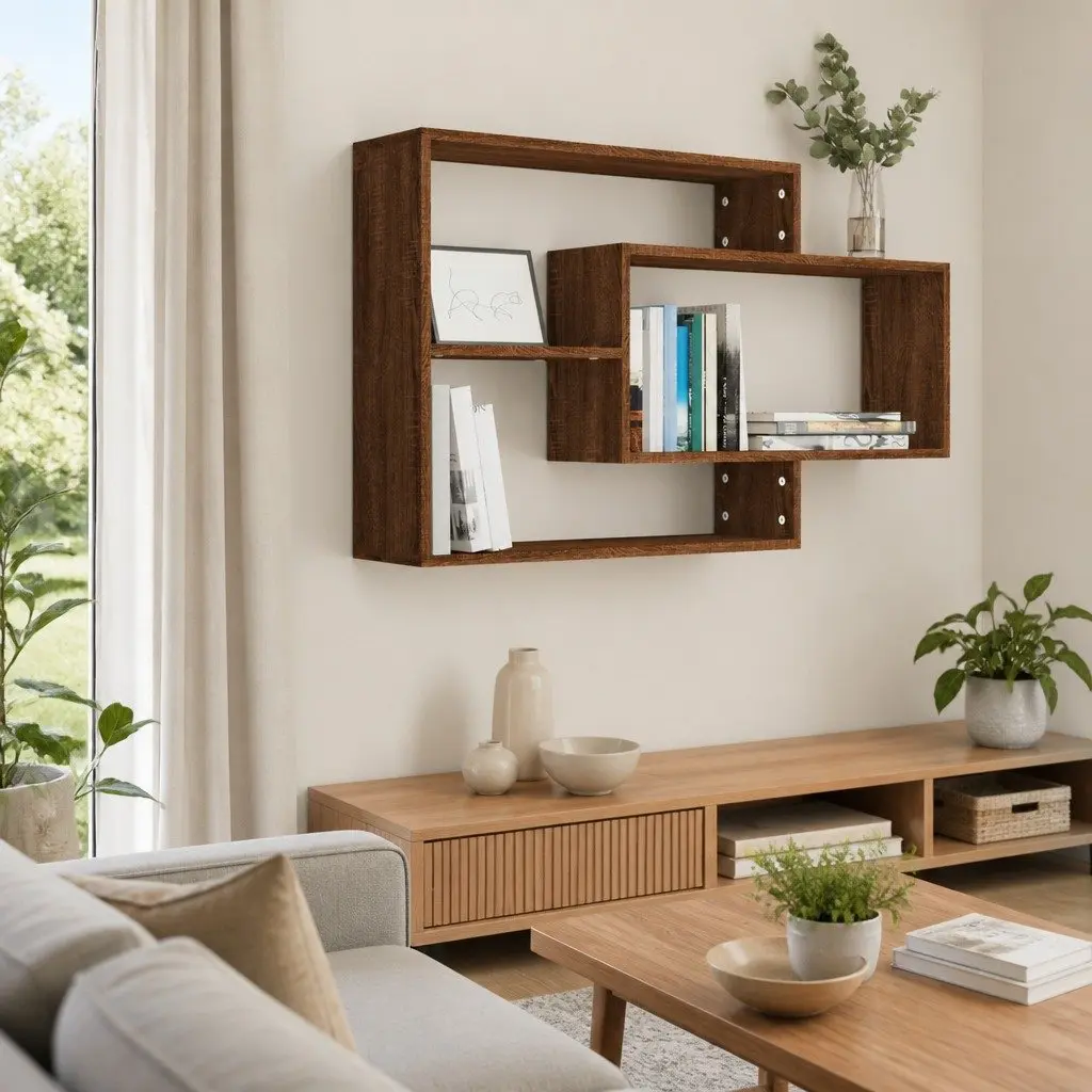 Brown Oak Wall Shelf with 3 Compartments