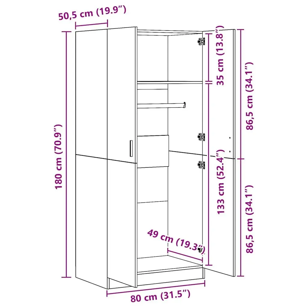 Wardrobe Grey Sonoma 80x52x180 cm with Hanging Rod