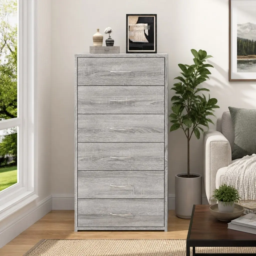 Sideboard with 6 Drawers Grey Storage Cabinet Cupboard Engineered Wood Furniture