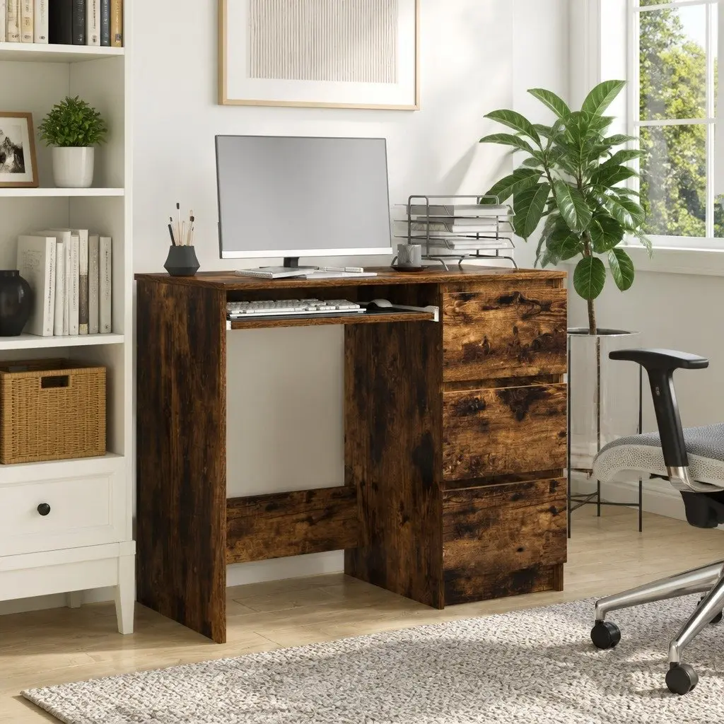 90x45x76 cm Brown Office Desk with 3 Drawers
