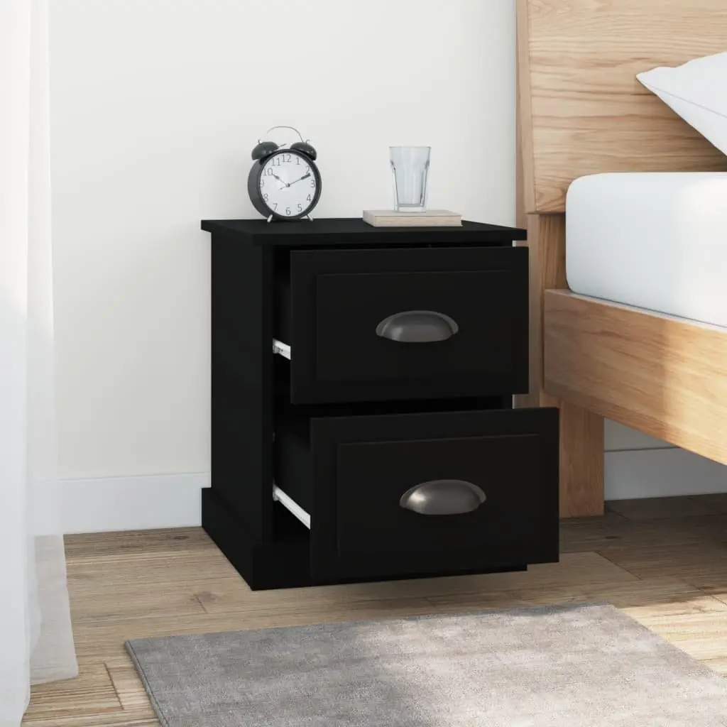 Bedside Cabinet Black 39x39x47.5cm, 2 Drawers, Engineered Wood
