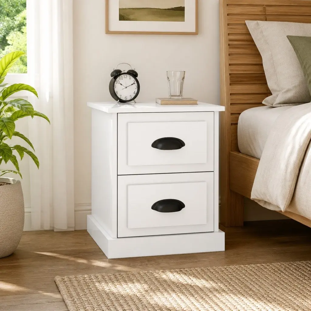 Bedside Cabinet 2 Drawer Nightstand White Gloss Engineered Wood Storage Table