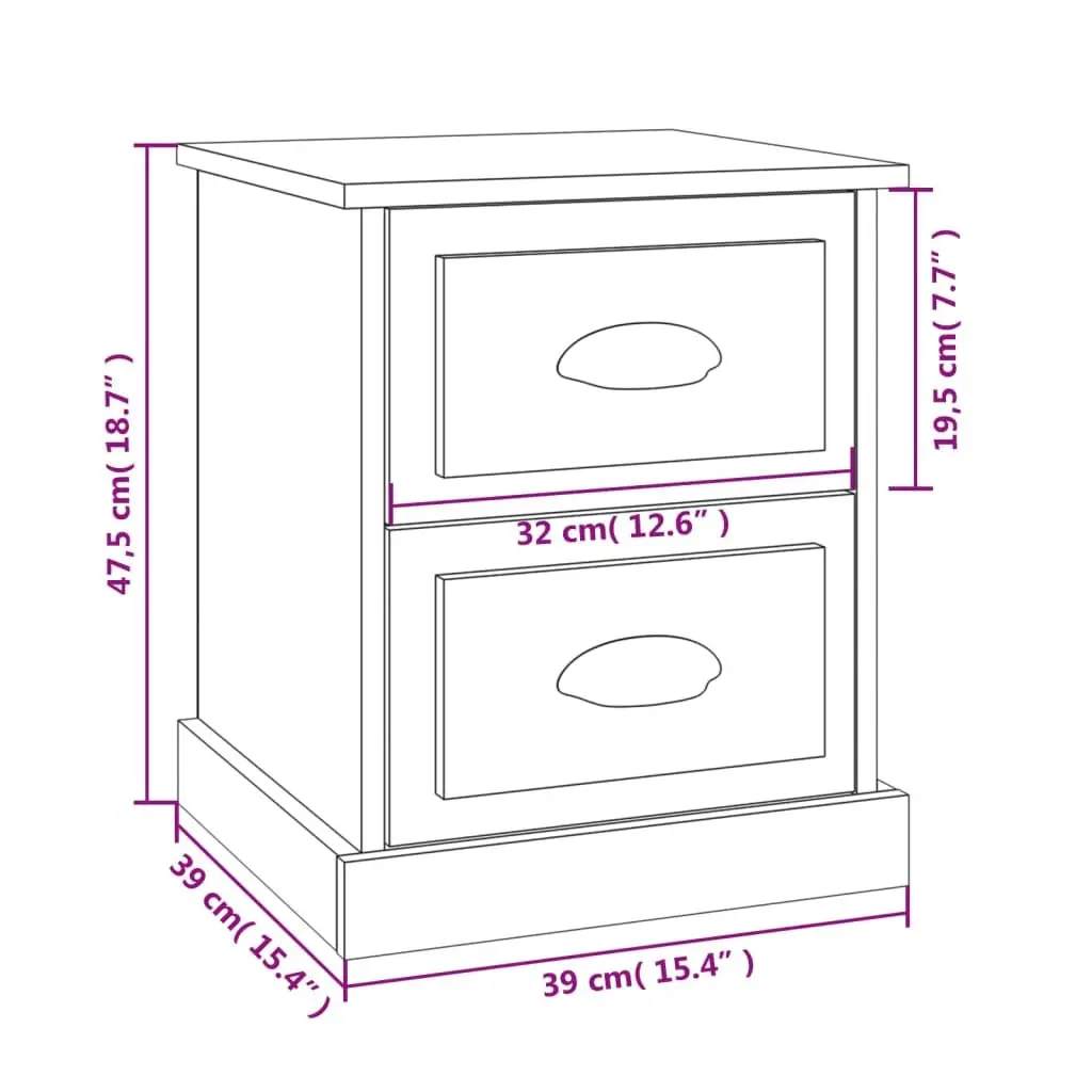 Bedside Cabinet 2 Drawer Nightstand White Gloss Engineered Wood Storage Table